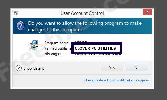 Screenshot where CLOVER PC UTILITIES appears as the verified publisher in the UAC dialog